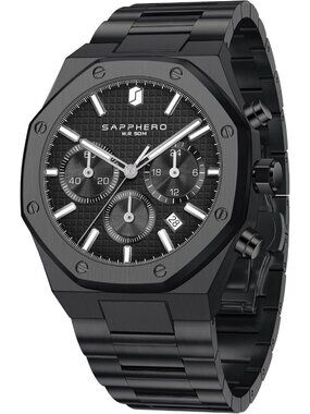 Men's Black Strap Black Face Stainless Steel Octagonal Date Quartz Wrist Watch